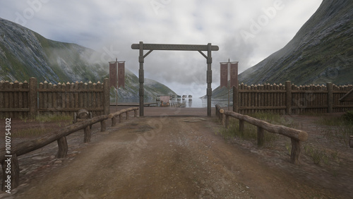 Fototapeta Naklejka Na Ścianę i Meble -  Viking long boats on a fjord outside a medieval village. 3D rendered landscape.