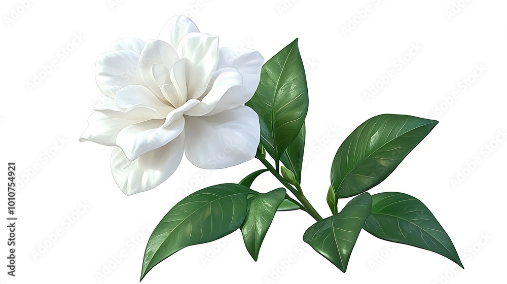 Obraz premium White Gardenia Flower with Green Leaves Isolated on White Background