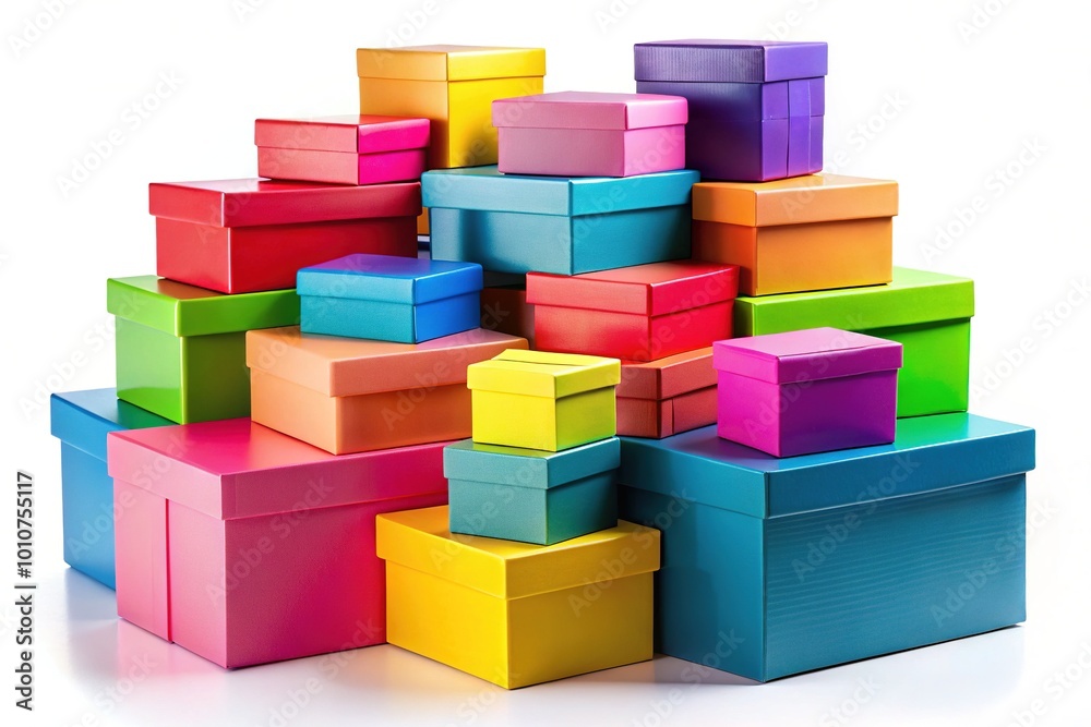 Brightly colored boxes emerge on a stark white backdrop, providing fresh inspiration for innovative packaging and design with their striking visual appeal. Brightly colored boxes emerge on a stark white backdrop, providing fresh inspiration for innovative packaging and design with their striking visual appeal.