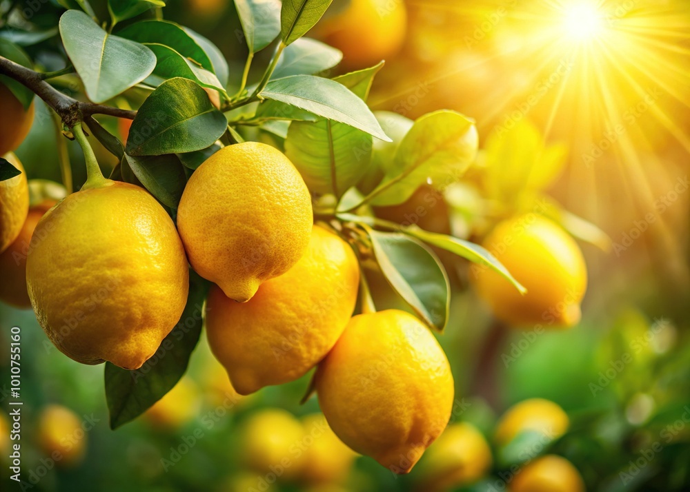 Bright yellow lemons hang from lush green branches, basking in sunlight, representing freshness and vitality—a perfect fit for organic food and natural beauty themes. Bright yellow lemons hang from lush green branches, basking in sunlight, representing freshness and vitality—a perfect fit for organic food and natural beauty themes.