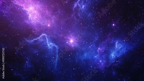 Background with stars, deep blue and purple space galaxy, featuring bright nebulae and distant stars. 