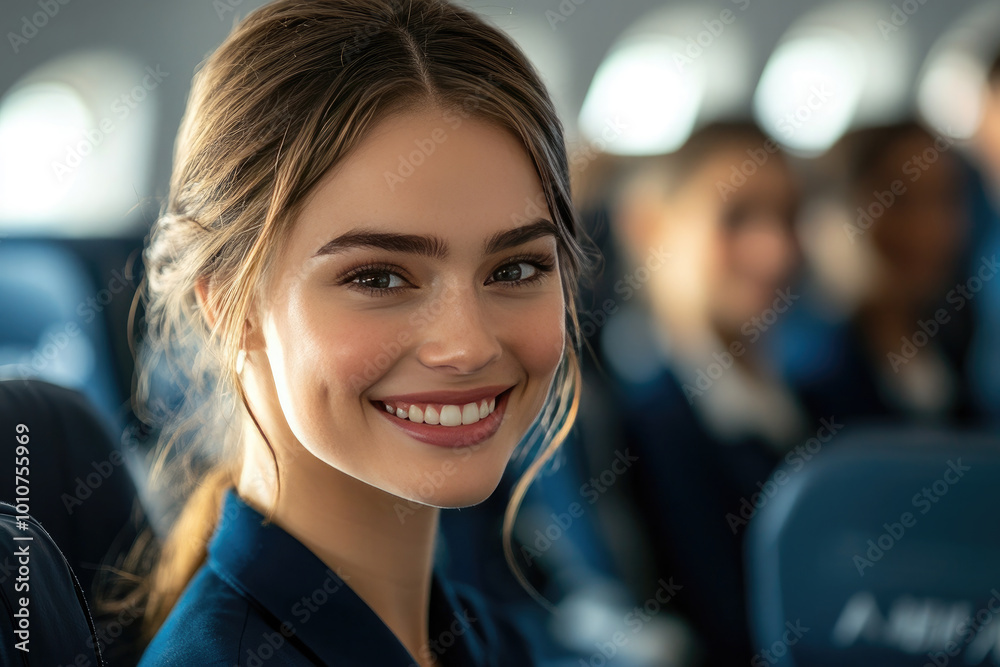 Happy stewardess girl sits fastened with seat belt in airplane seat