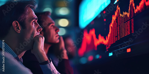 Team of investors works late at night in an office, analyzing charts and data on computer screens, discussing strategies for success in the financial market photo