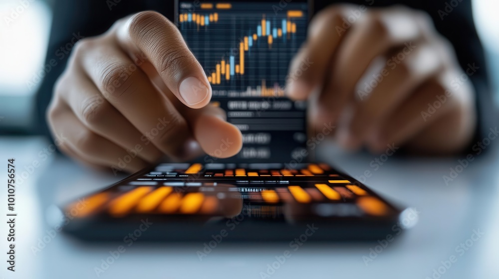 A close-up of a hand using a smartphone to analyze stock market trends with bright graphs on the screen. A close-up of a hand using a smartphone to analyze stock market trends with bright graphs on the screen.