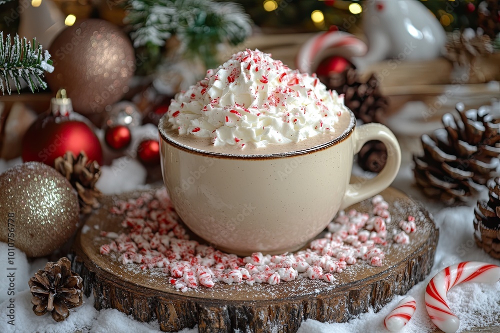 A cup of peppermint mocha on a wooden slice. This image can be used to promote a coffee shop or a winter holiday beverage.