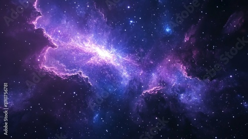 Background with stars, deep blue and purple space galaxy, featuring bright nebulae and distant stars. 