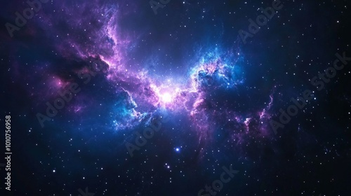 Background with stars, deep blue and purple space galaxy, featuring bright nebulae and distant stars. 