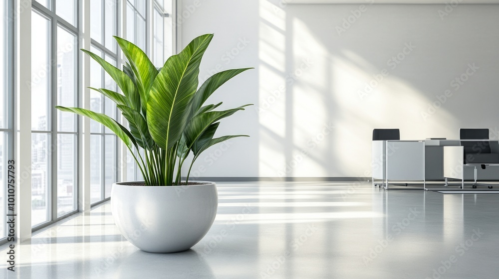 Bright and airy office space with natural light, clean design, and a large potted plant adding greenery. 3D Rendering. Bright and airy office space with natural light, clean design, and a large potted plant adding greenery. 3D Rendering.