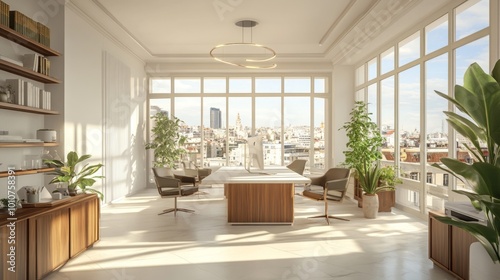 Bright office space with clean white walls  wooden accents  and large glass windows overlooking a cityscape. 3D Rendering.  