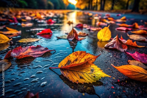 Decaying leaves blanket the dark, wet asphalt, evoking a moody autumn atmosphere that highlights nature's fleeting beauty and the essence of change.