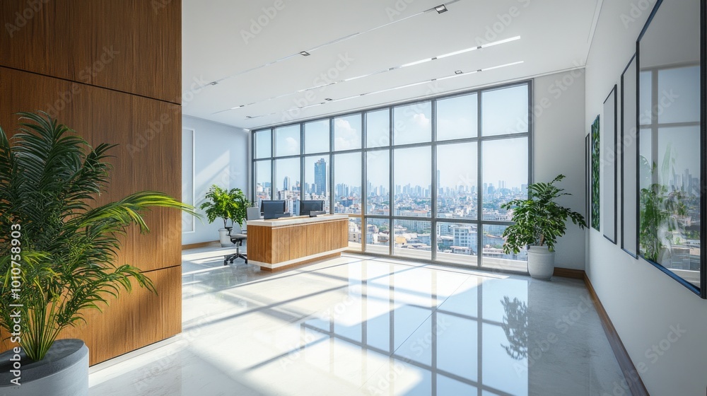 Bright office space with clean white walls, wooden accents, and large glass windows overlooking a cityscape. 3D Rendering.  