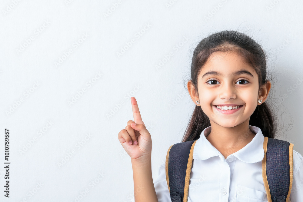 happy indian school girl pointing on white background happy indian school girl pointing on white background