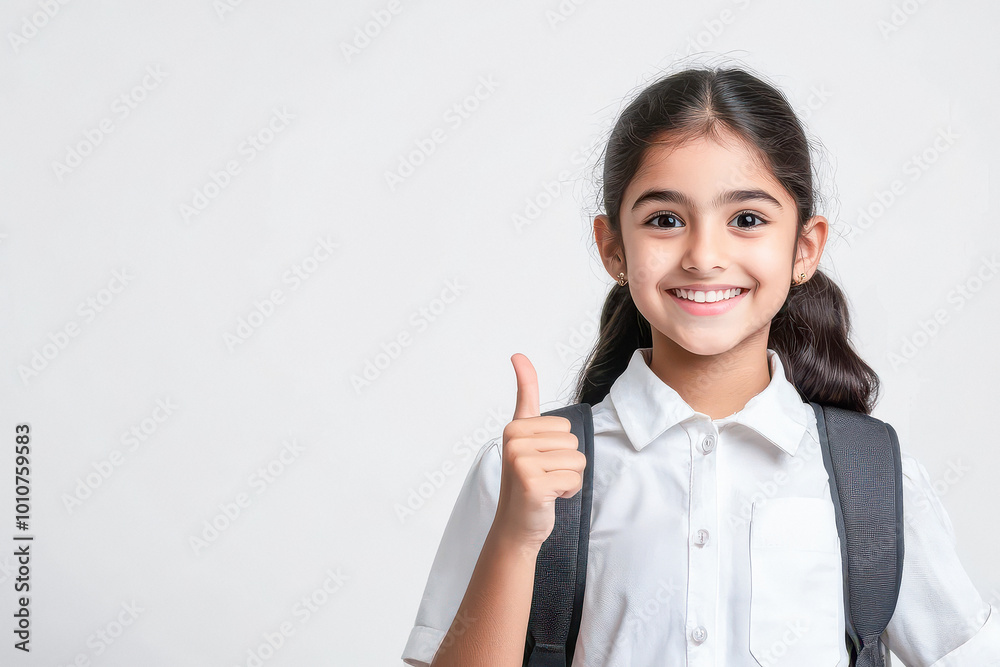 happy indian school girl pointing on white background happy indian school girl pointing on white background
