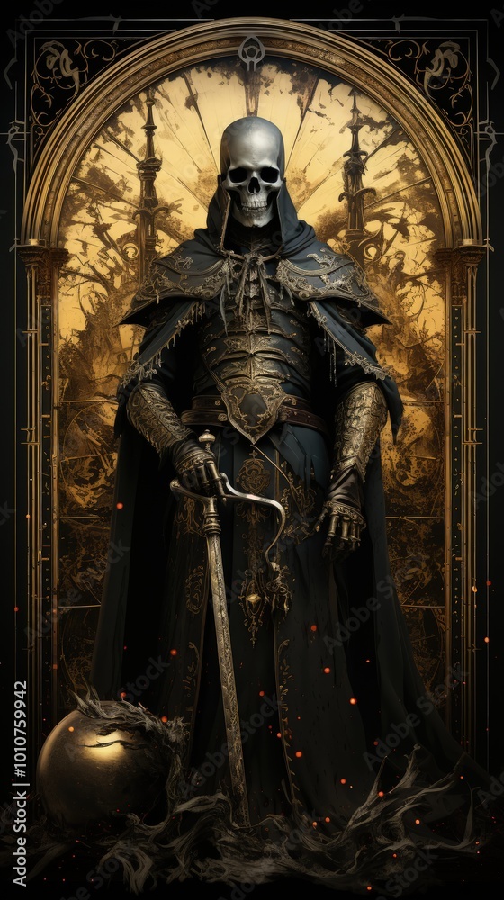 Medieval Skeleton Warrior in Armor as an Eerie Tarot Card Illustration Medieval Skeleton Warrior in Armor as an Eerie Tarot Card Illustration