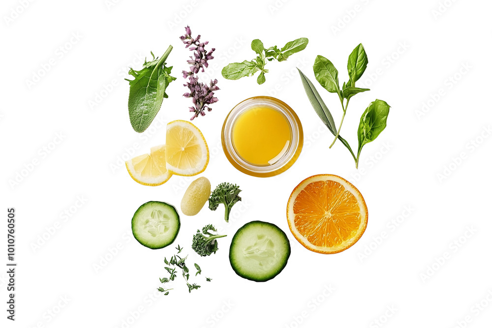 Fresh herbs, citrus slices, and oil arranged artistically on a white background for a healthy lifestyle theme. Fresh herbs, citrus slices, and oil arranged artistically on a white background for a healthy lifestyle theme.