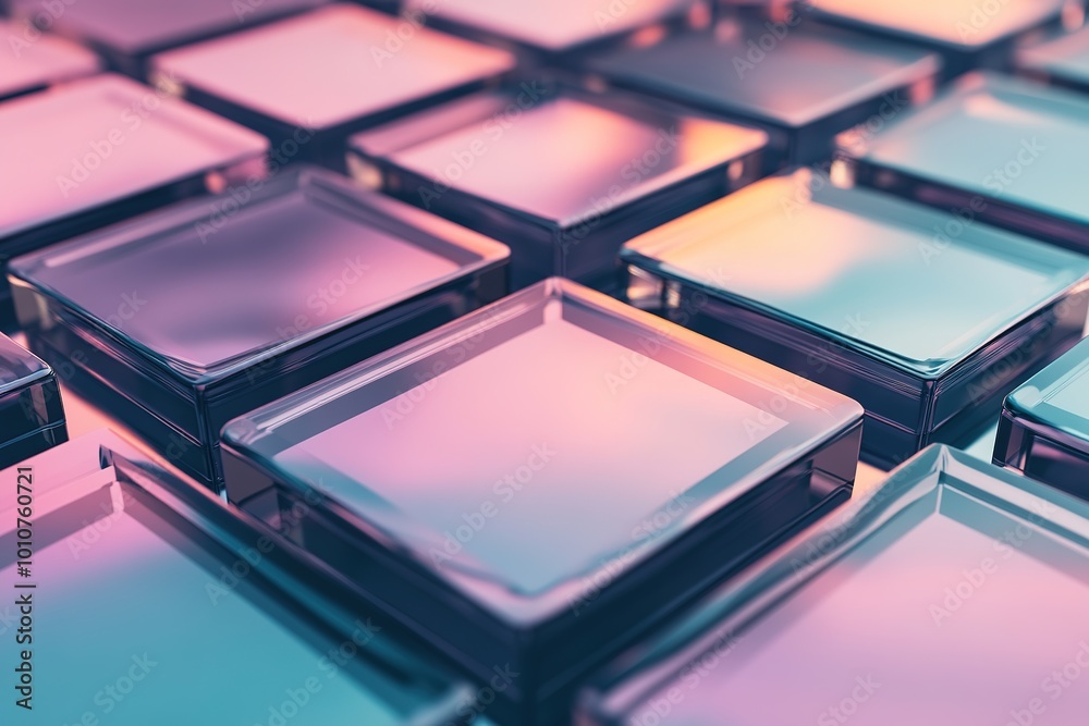 3D render of colored glass squares with reflections and depth 3D render of colored glass squares with reflections and depth