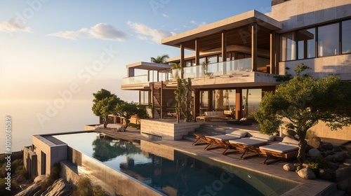 Luxurious hotel featuring infinity pool with breathtaking ocean views during sunset