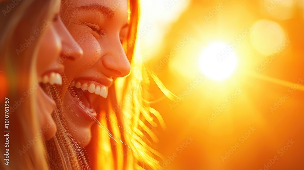 Two joyful women laughing together at sunset, capturing moments of happiness and friendship. Two joyful women laughing together at sunset, capturing moments of happiness and friendship.