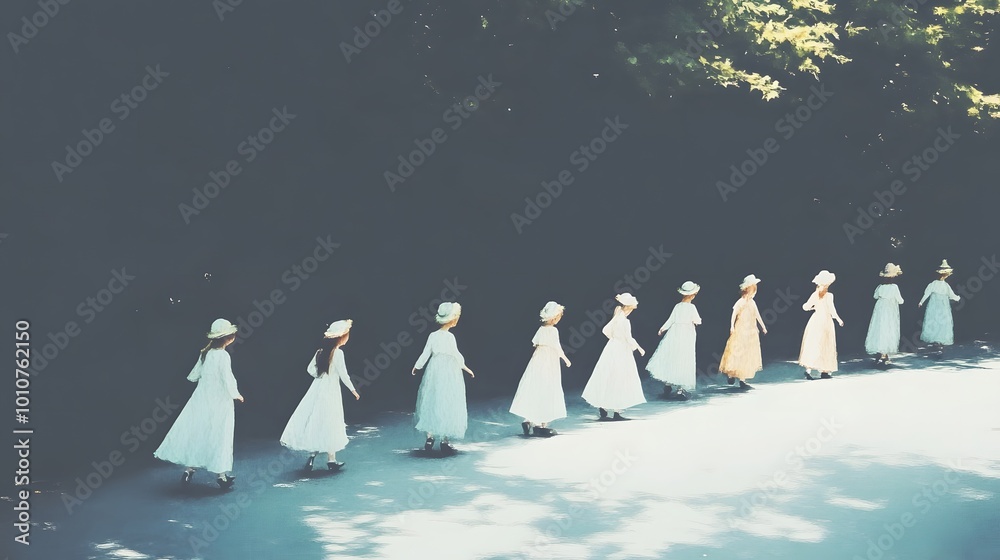 Obraz premium A group of young girls in white dresses and hats walking in unison through a serene pathway.