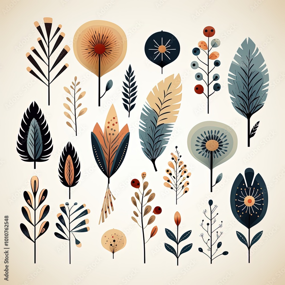 Fototapeta premium Charming Boho Cartoon Flowers in Soft Neutral Colors Flat Vector Design