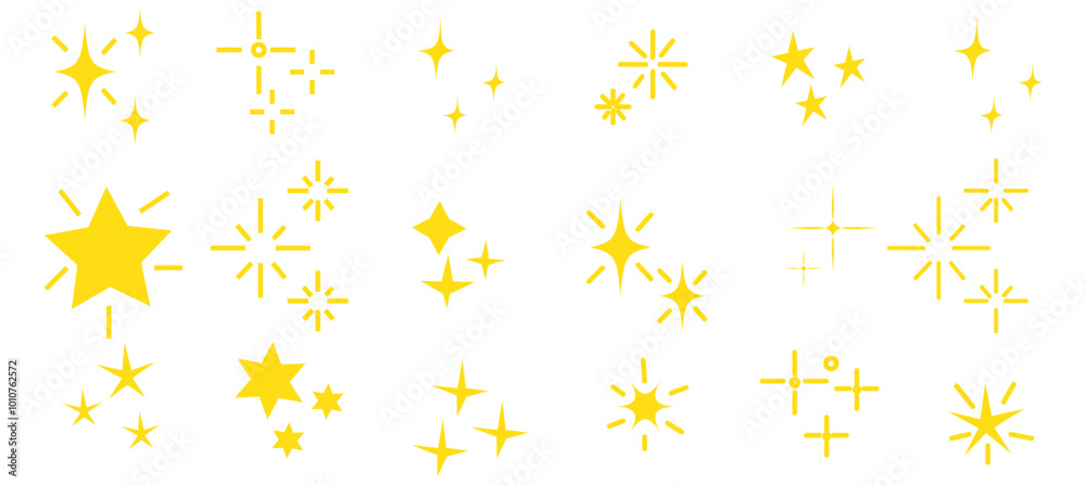 Set of Twinkle stars. Shiny twinkle sparks. Seamless pattern with stars. Yellow, orange sparkles symbols vector. The set of sparkle stars icon. Glittering star vector. Glowing light effect stars Set of Twinkle stars. Shiny twinkle sparks. Seamless pattern with stars. Yellow, orange sparkles symbols vector. The set of sparkle stars icon. Glittering star vector. Glowing light effect stars