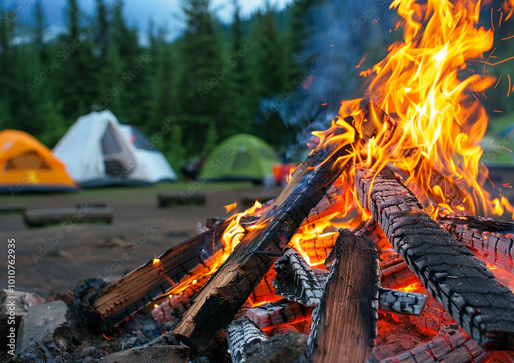 Fototapeta premium A close-up shot of a roaring campfire with pine trees and camping tents in the background.