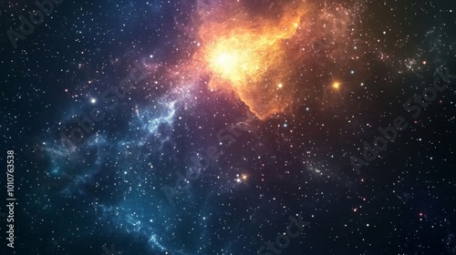 Dark space background with twinkling stars and a glowing galaxy, creating a vast cosmic scene. 