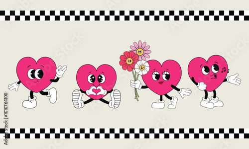 Groovy hippie love emoticon character happy valentines day
