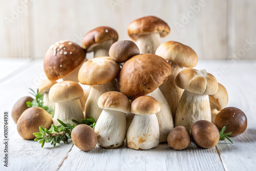 Fresh porcini mushrooms arranged elegantly on crisp white surface create delightful and inviting display. Their rich colors and textures evoke sense of natures bounty