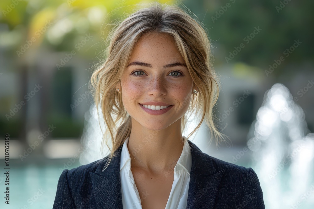 Portrait of Smiling Young Business Woman with Blonde Hair, Wearing Suit and White Blouse, Fountain Background, Portrait of Smiling Young Business Woman with Blonde Hair, Wearing Suit and White Blouse, Fountain Background,