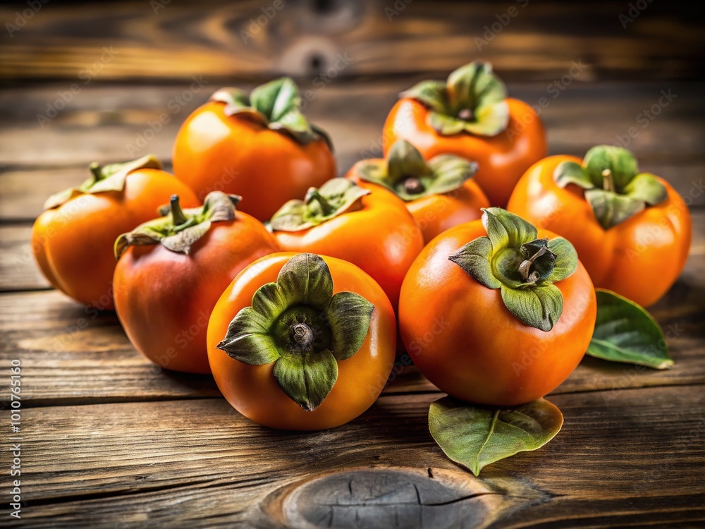 Fresh, vibrant persimmons displayed atop a weathered wooden table, bathed in warm natural light, highlighting their juicy texture and inviting colors for a delightful ambiance. Fresh, vibrant persimmons displayed atop a weathered wooden table, bathed in warm natural light, highlighting their juicy texture and inviting colors for a delightful ambiance.