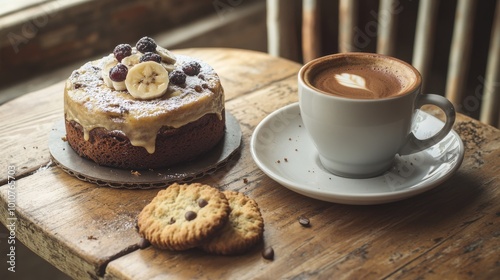 A banana cake and a biscuit sit beside a coffee cup on a wooden table.