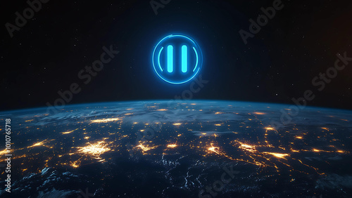 A power button floating above the Earth at night, symbolizing technology and innovation. The Earth is illuminated by city lights below it, creating an atmosphere of global connectivity. 