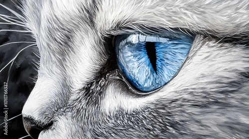 A close-up of the face and head of an extremely cute, fluffy grey cat with blue eyes photo