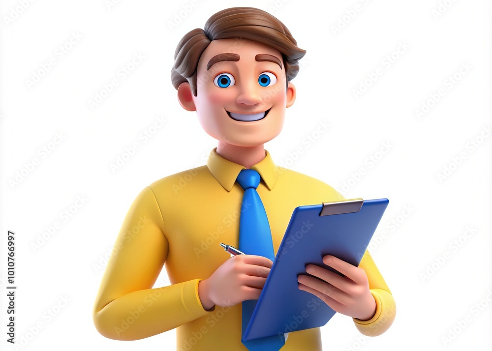 In a lively 3D cartoon style, a young Caucasian man with a yellow shirt and blue tie smiles, holding a clipboard with enthusiasm and charm. In a lively 3D cartoon style, a young Caucasian man with a yellow shirt and blue tie smiles, holding a clipboard with enthusiasm and charm.