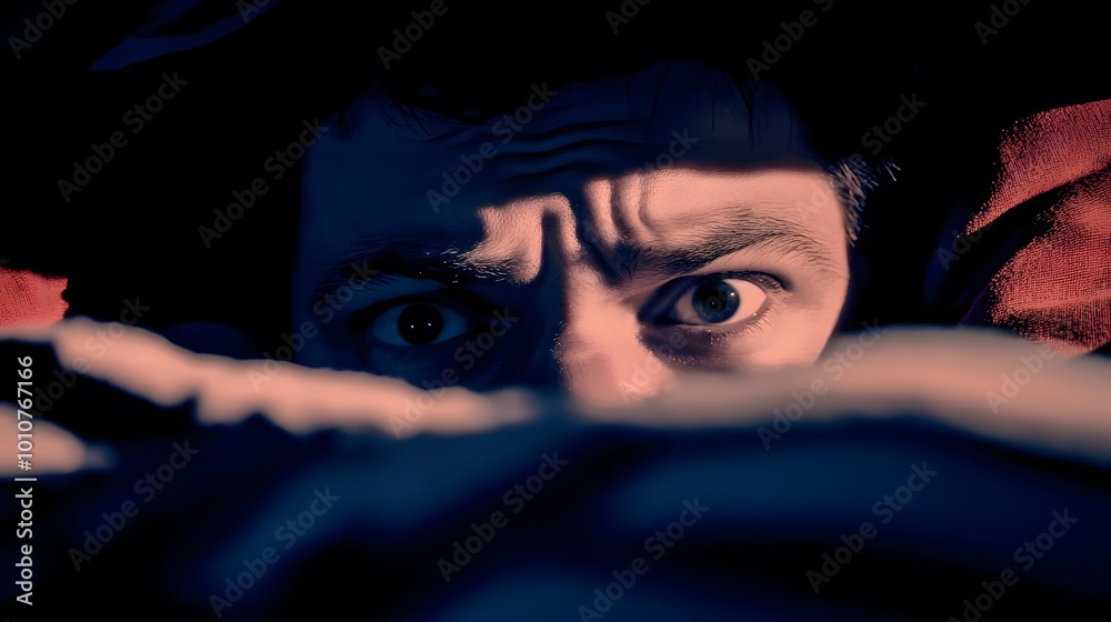 A young male looks terrified while hiding under a blanket, expressing fear and anxiety.