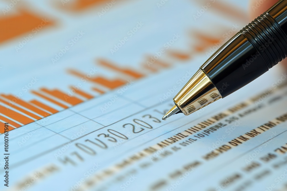 A close-up view of a pen writing on a financial report with colorful graphs and data. Perfect for business and analysis themes. A close-up view of a pen writing on a financial report with colorful graphs and data. Perfect for business and analysis themes.