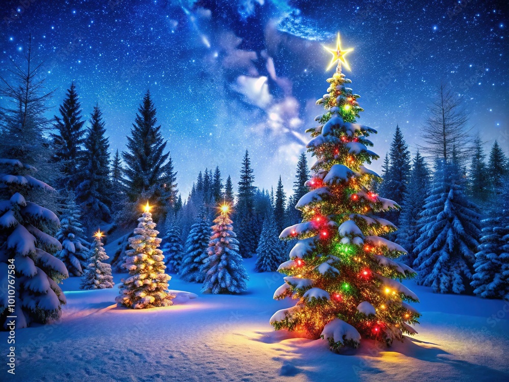In a serene snowy forest, an illuminated Christmas tree shines brightly beneath a star-filled sky, while soft snowflakes fall gracefully, creating a winter wonderland. In a serene snowy forest, an illuminated Christmas tree shines brightly beneath a star-filled sky, while soft snowflakes fall gracefully, creating a winter wonderland.