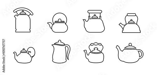 Set of outline icons of teapots for brewing tea and boiling water.