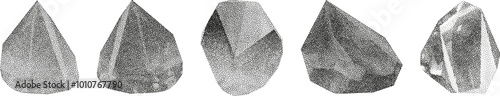 3D vector gradient geometric shapes with noise effect. Cube, cylinder, triangle, rhombus with grainy dot texture.