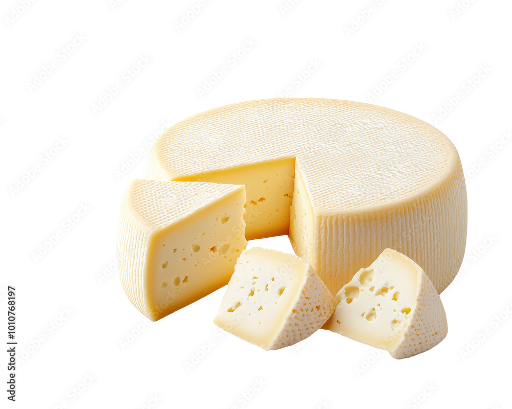 Cheese wheel with cut portions on white isolated background. Cheese wheel with cut portions on white isolated background.