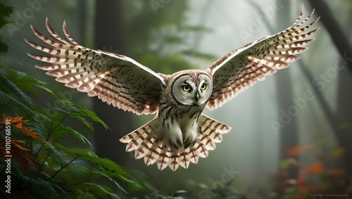 Flying little owl in mid-flight with wings fully spread, sharp-eyed owl soaring through a forest, photography of wild bird of prey in its natural