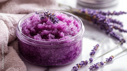 a luxurious homemade lavender scrub in a clear jar