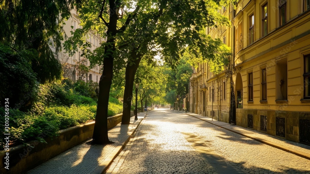 Fototapeta premium A serene stroll through a lush green boulevard in historic prague on a bright sunny day