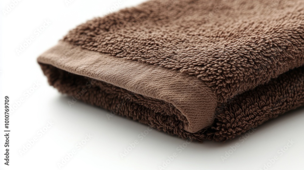 A close-up of a brown bath towel made from soft cotton, against a white background.