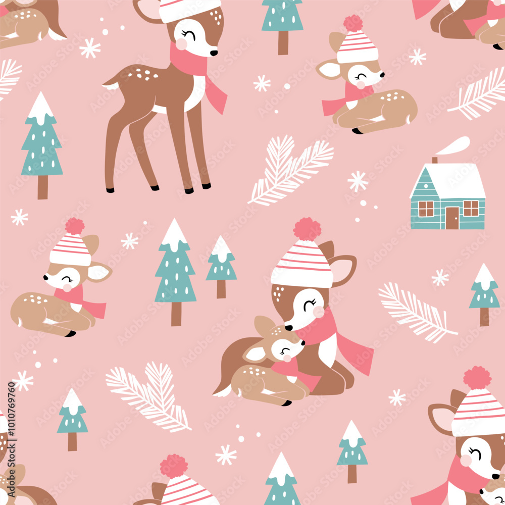 Seamless vector pattern with cute deer family and snowy woods. Hand drawn Christmas fawn and snowy woods. Perfect for textile, wallpaper or nursery print design. EPS10 vector file. Seamless vector pattern with cute deer family and snowy woods. Hand drawn Christmas fawn and snowy woods. Perfect for textile, wallpaper or nursery print design. EPS10 vector file.