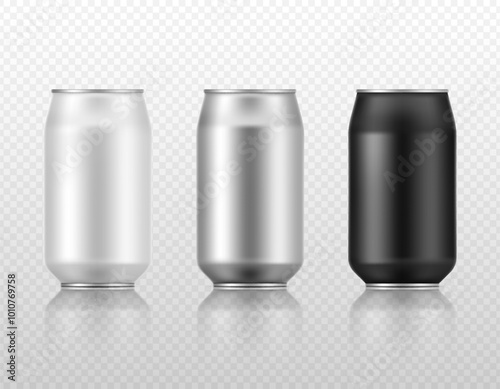 Realistic 3D aluminium cans set in different colors. Isolated vector mockup template for beverage. Beer, soda, energetic, juice, lemonade container.
