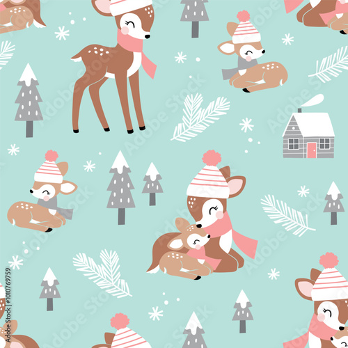 Seamless vector pattern with cute deer family and snowy woods. Hand drawn Christmas fawn and snowy woods. Perfect for textile, wallpaper or nursery print design. EPS10 vector file.