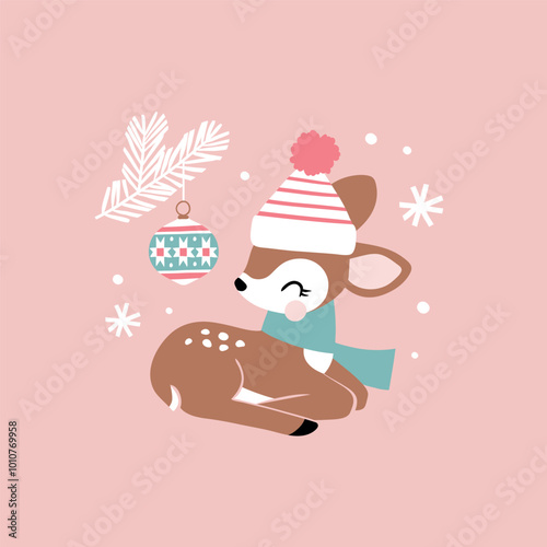 Cute young deer with Christmas ornament. Hand drawn vector illustration. Perfect for tee-shirt logo, greeting card, sticker, clip art or nursery decor. EPS10 vector file.