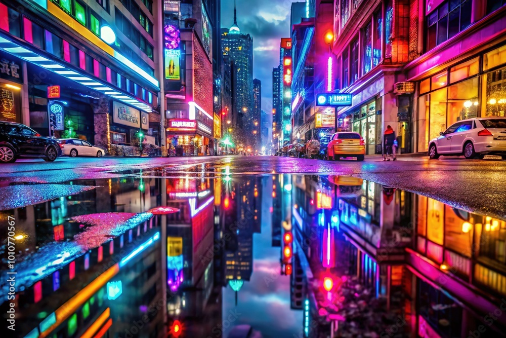 Neon lights illuminate the bustling cityscape, creating a breathtaking reflection in puddles, celebrating the enchanting allure of urban nightlife and stunning beauty. Neon lights illuminate the bustling cityscape, creating a breathtaking reflection in puddles, celebrating the enchanting allure of urban nightlife and stunning beauty.